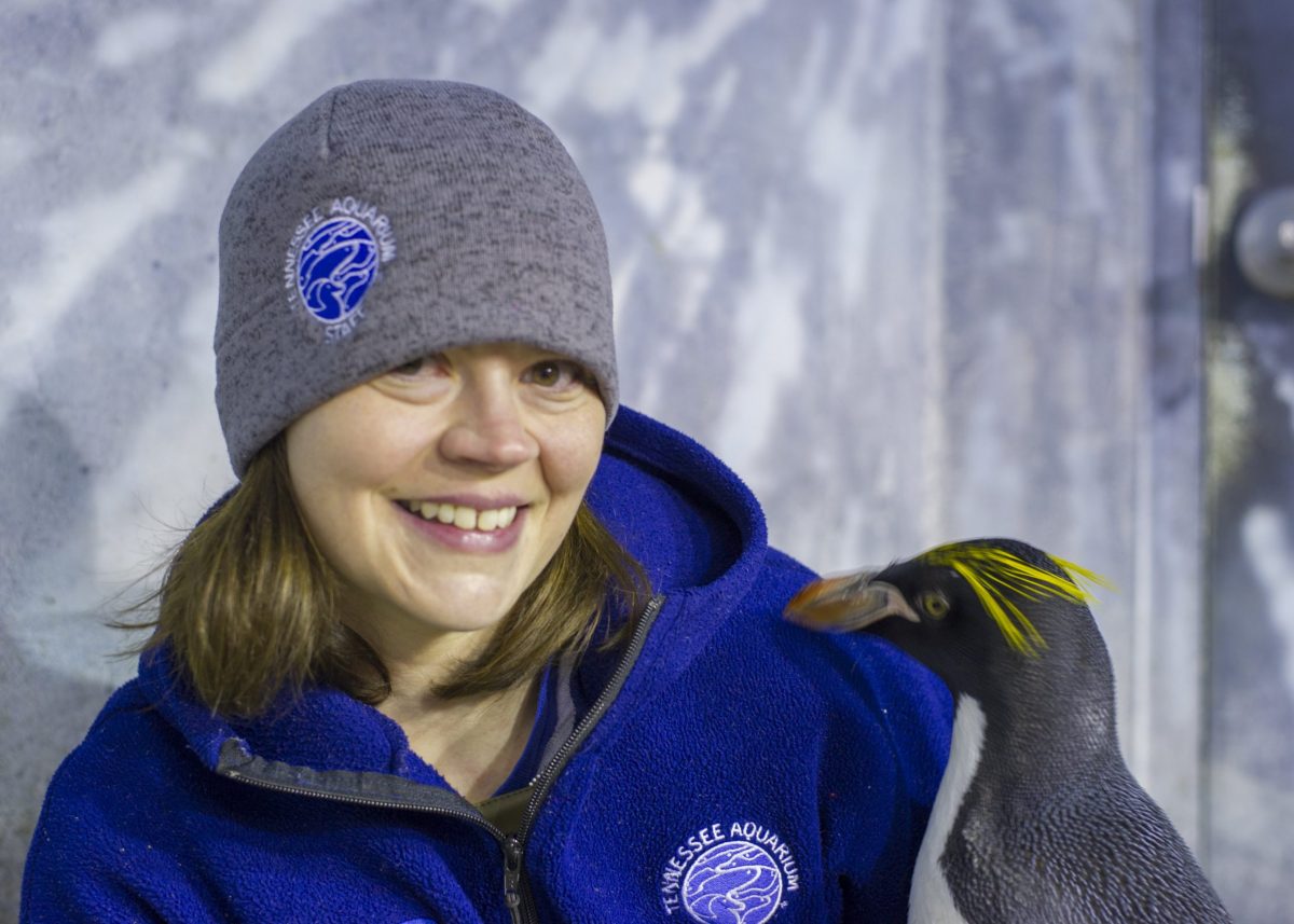 Senior Aviculturist Loribeth Lee next to a penguin