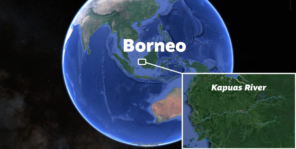 A map showing the island of Borneo with an inset showing the Kapuas River