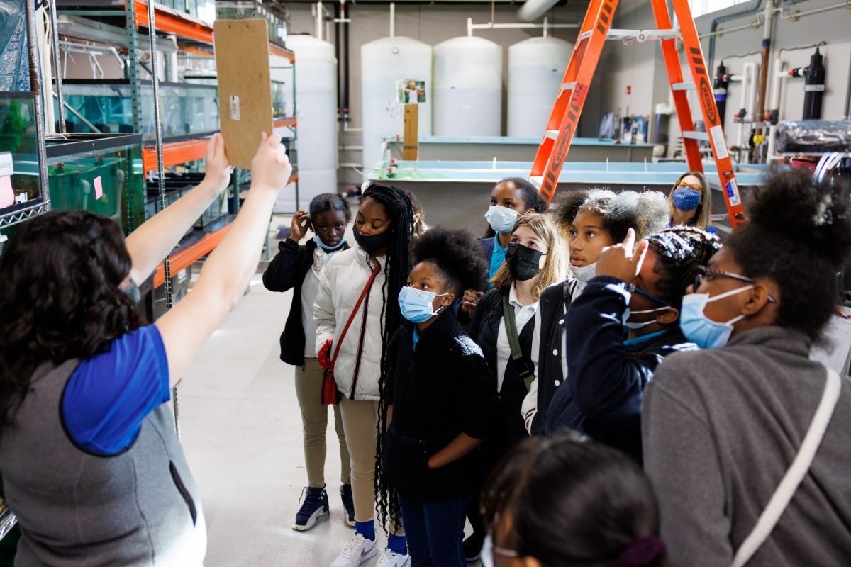 Reintroduction Biologist Sarah Kate Bailey speaks to visiting students from Chattanooga Girls Leadership Academy at the Tennessee Aquarium Conservation Institute