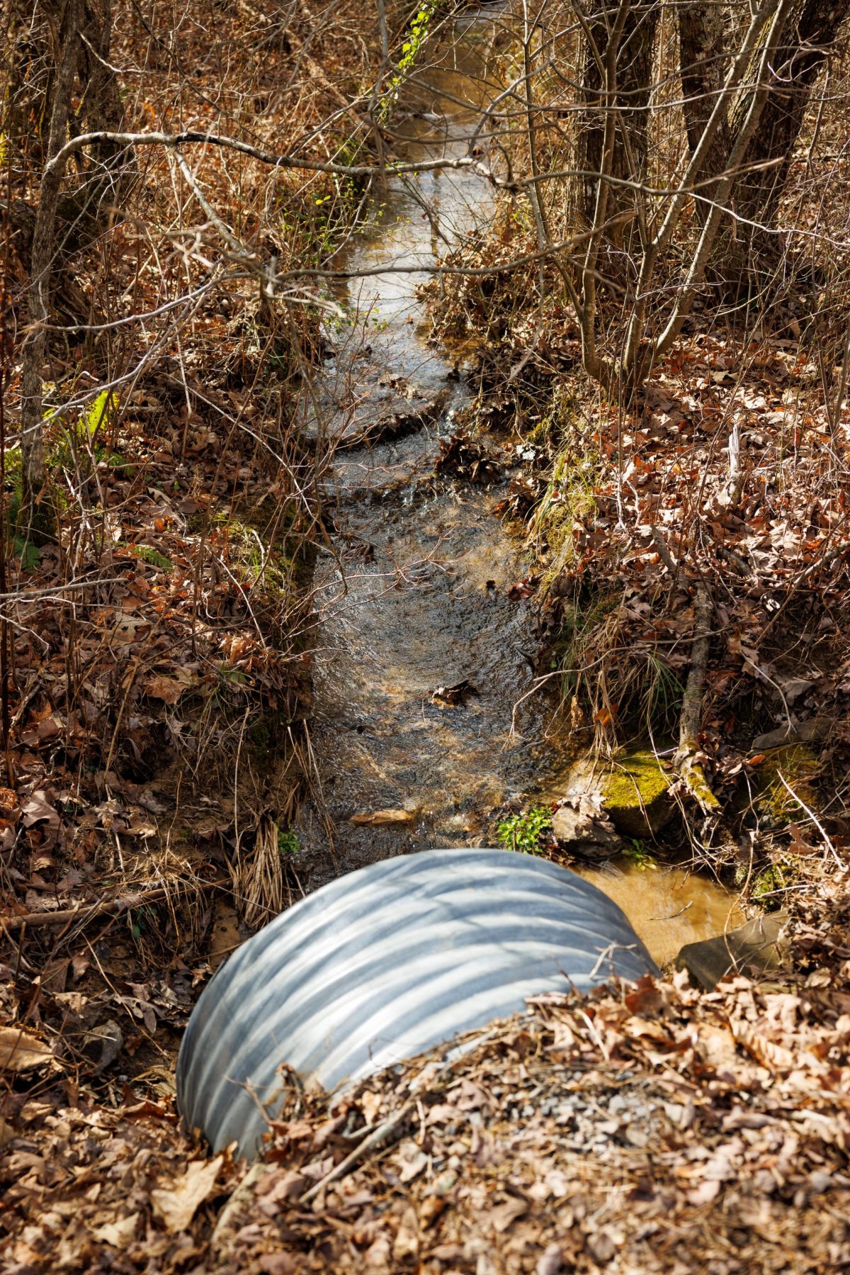 Water flows through a problematic culvert that does not allow for the passage of fish upstream.