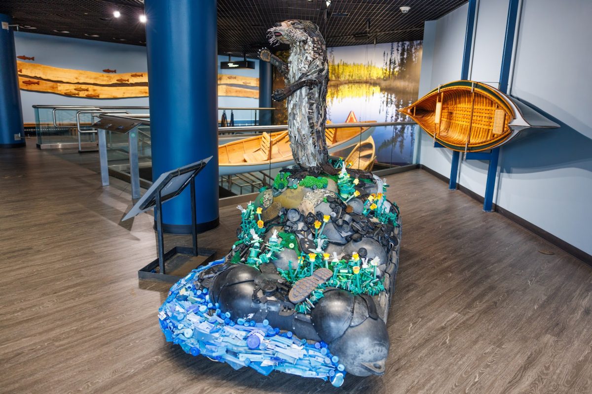 Giacometti the River Otter, a sculpture that is part of the Washed Ashore art exhibition, is displayed in River Journey.