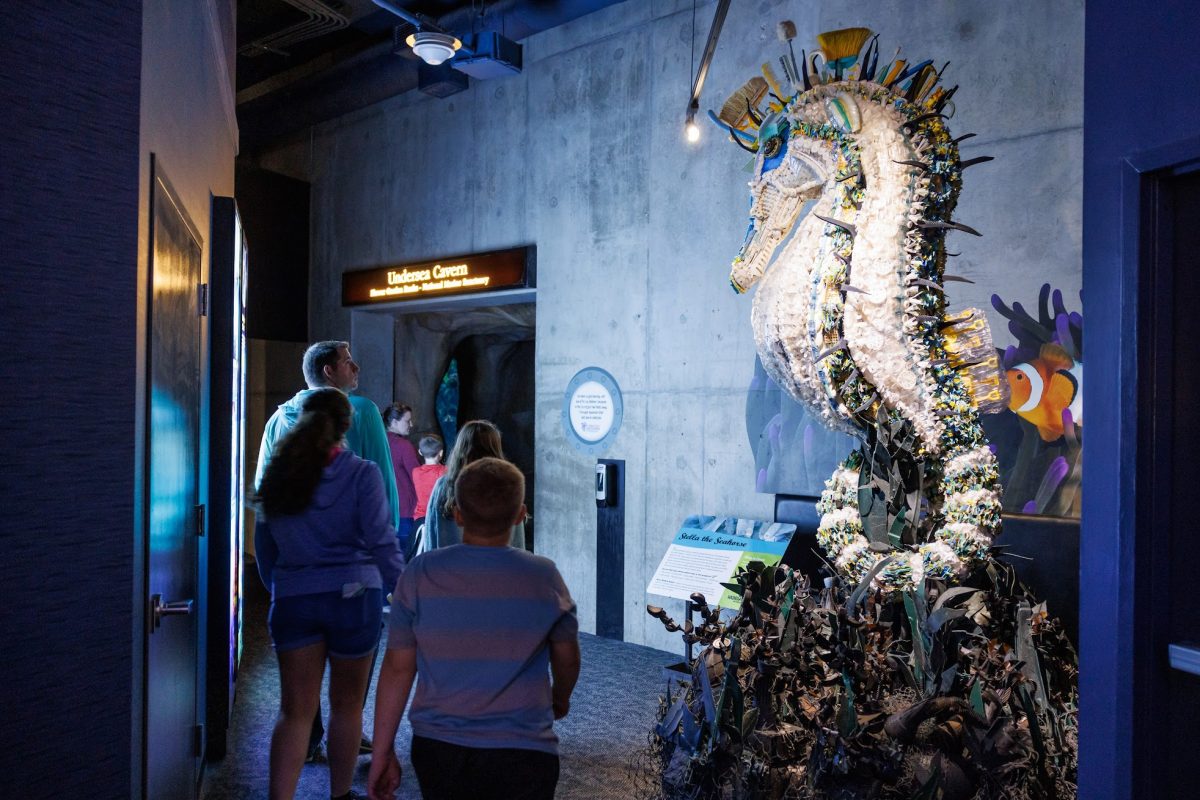 tella the Seahorse, a sculpture in the Washed Ashore art exhibition
