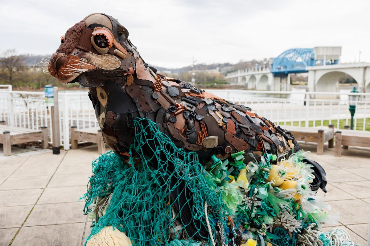 A Sea Lion sculpture from the Washed Ashore art exhibit