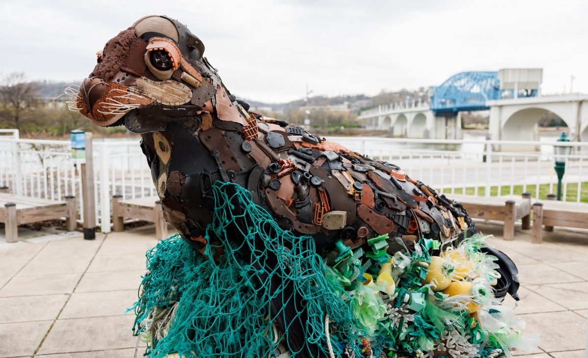 A Sea Lion sculpture from the Washed Ashore art exhibit