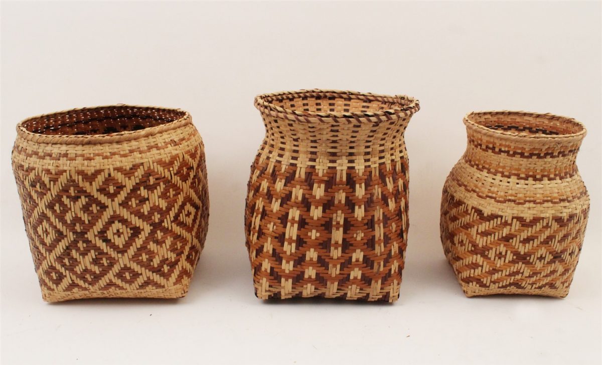 River Cane Planter Basket and Vase by Rowena Bradley; White Oak Waste Basket by Carol Welch