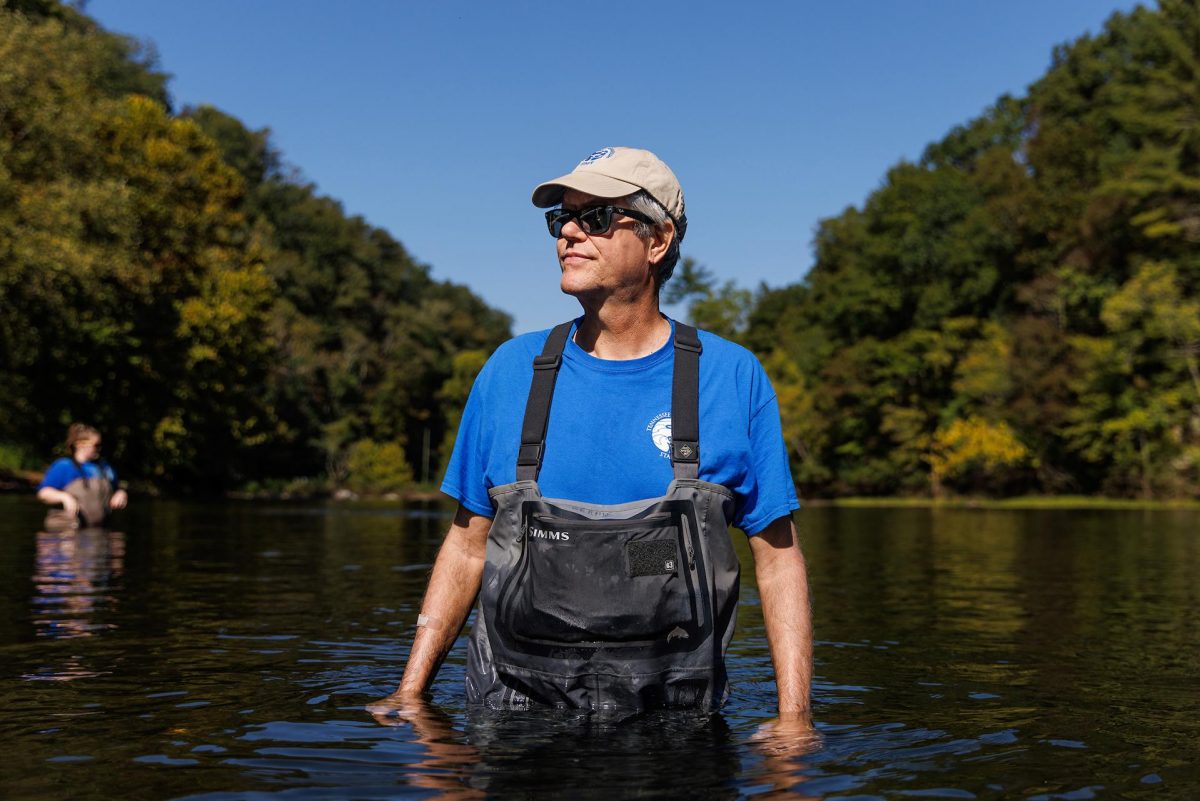 Bernie Kuhajda wades in the Tellico River