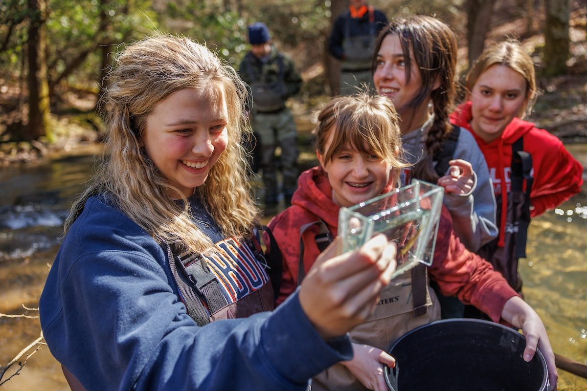 Students from Baylor School look at a Laurel Dace in a portable photo aquarium