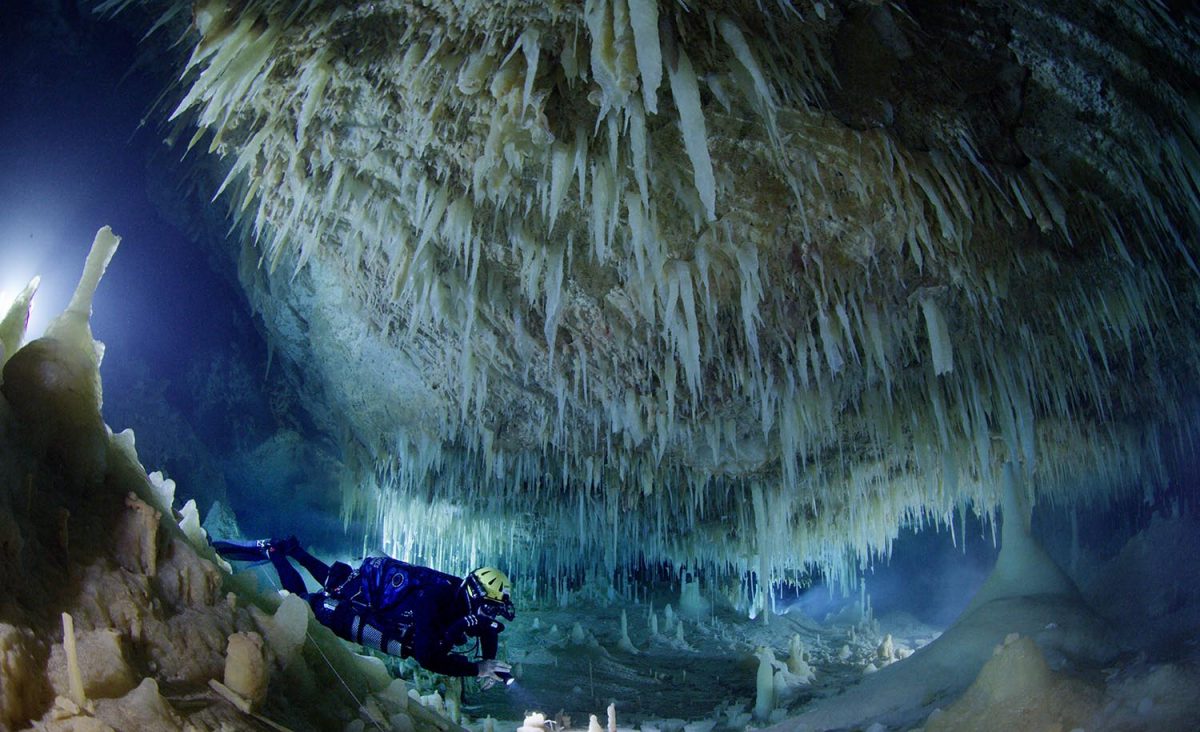Research diver Brian Kakuk enters The Glass Factory in the Crystal Cave of Abaco, Bahamas.