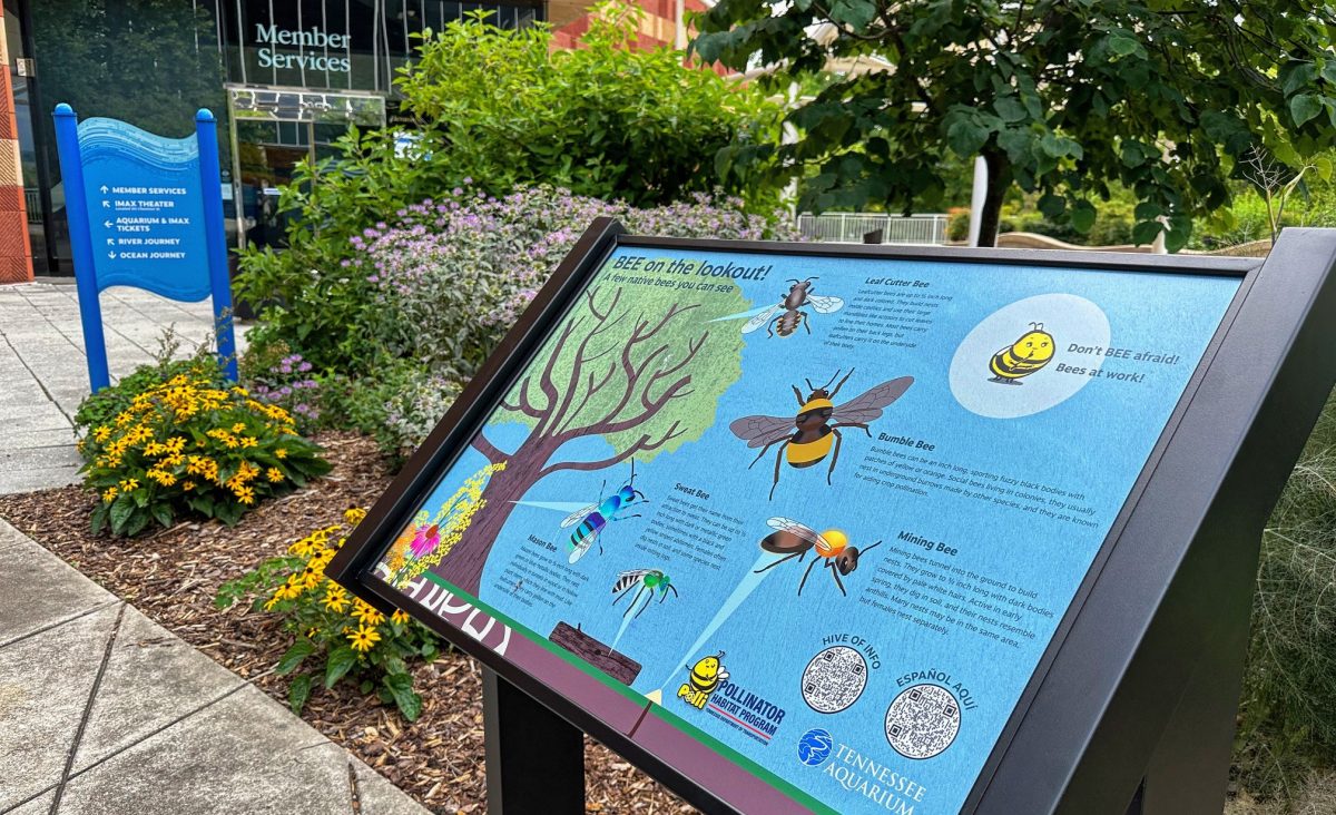 A Pollinator Pathway sign on the plaza of the Tennessee Aquarium.