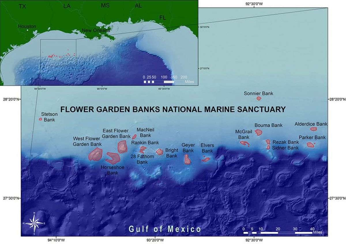 A map of the Flower Garden Banks National Marine Sanctuary