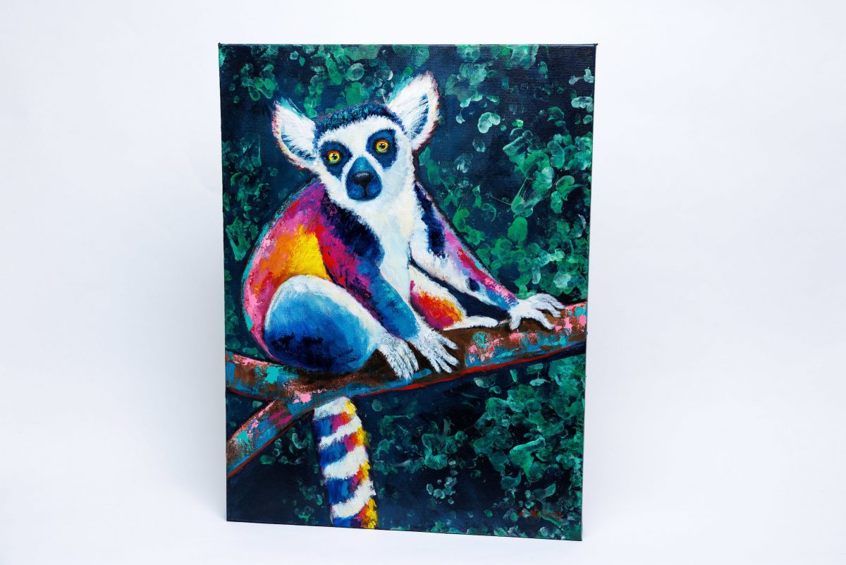 A painting created by artist Andrea Nelson and Rolo the Ring-tailed Lemur.