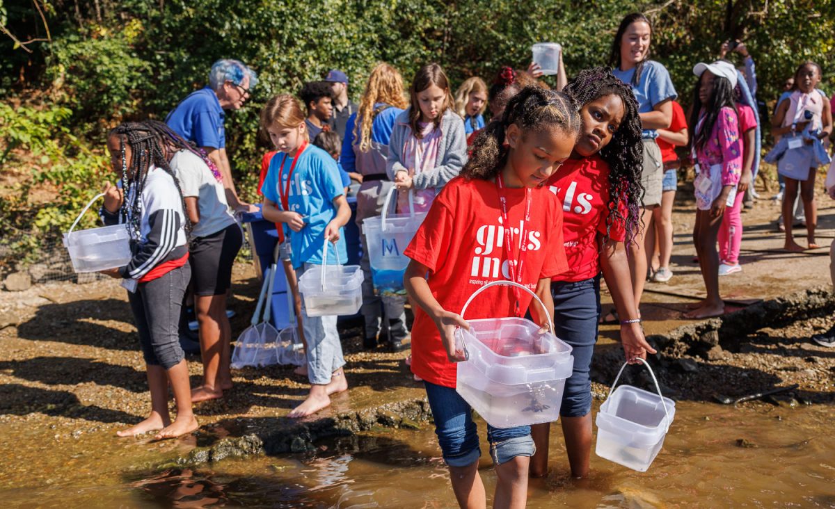 Students with Girls Inc. of Chattanooga line up to release juvenile Lake Sturgeon into the Tennessee River.