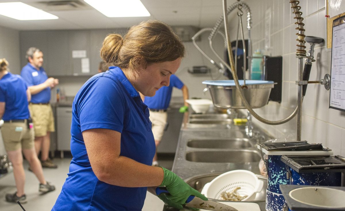 Aquarist II Avery Millard preparing sea food medley