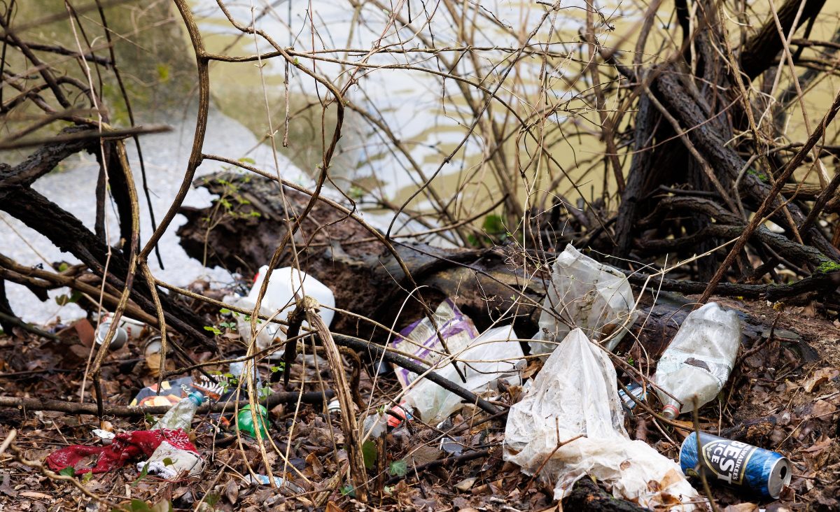 Plastic waste is seen next to the Tennessee River.