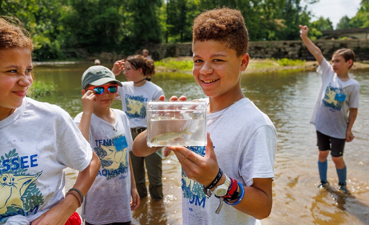 A River Guardians camper holds up a fish collected during a field outing.