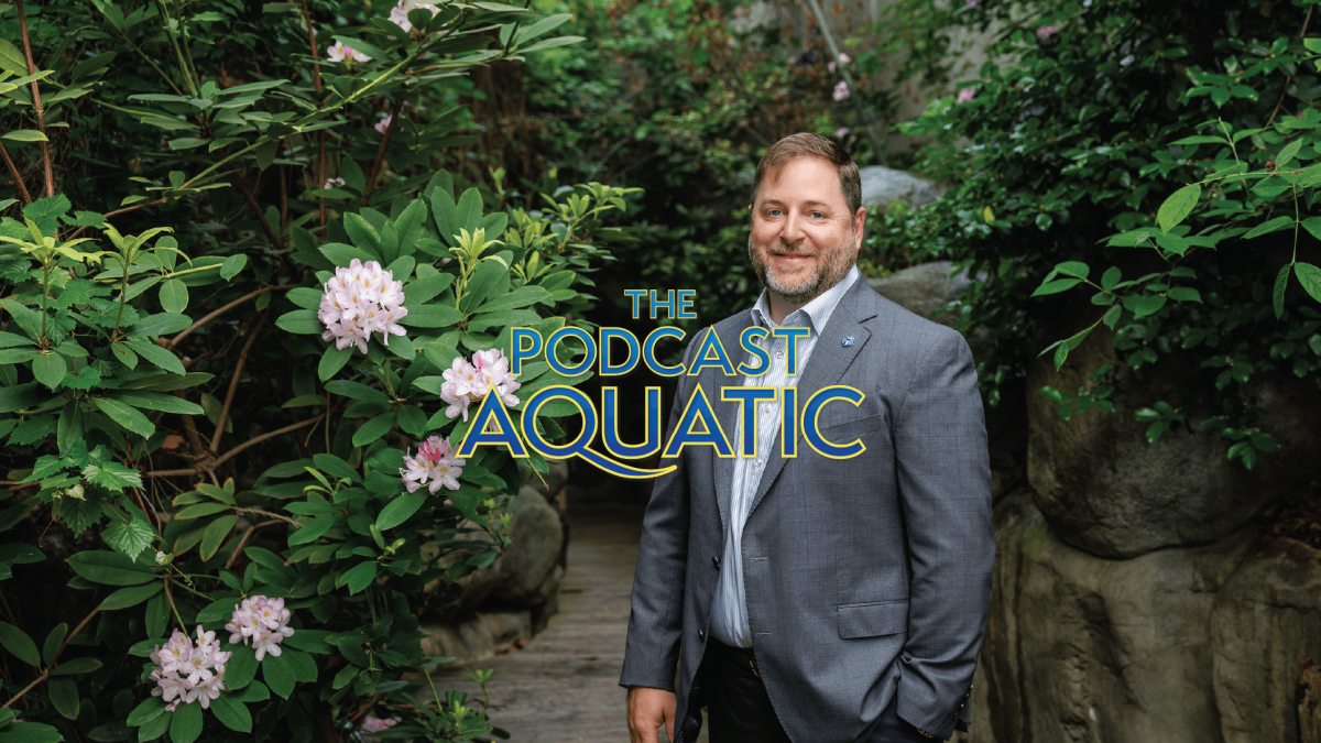 Tennessee Aquarium new President and CEO standing beside a rhododendron plant in the Appalachian Cove Forest exhibit