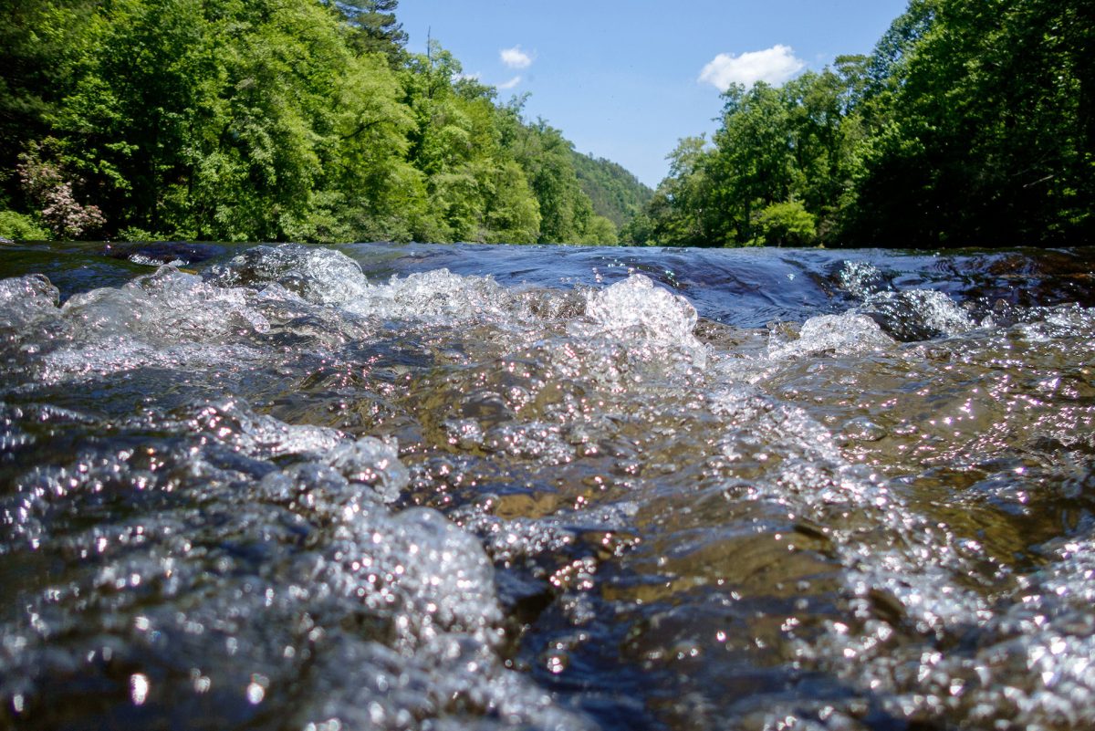 Water flows towards the camera in a river