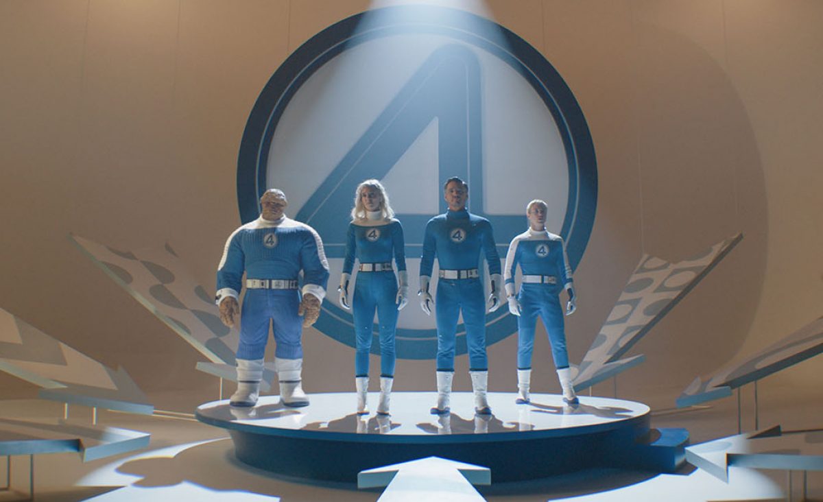 (L-R): Ebon Moss-Bachrach as Ben Grimm/The Thing, Vanessa Kirby as Sue Storm/Invisible Woman, Pedro Pascal as Reed Richards/Mister Fantastic and Joseph Quinn as Johnny Storm/Human Torch in 20th Century Studios/Marvel Studios' THE FANTASTIC FOUR: FIRST STEPS. Photo courtesy of 20th Century Studios/Marvel Studios. © 2025 20th Century Studios / © and ™ 2025 MARVEL.