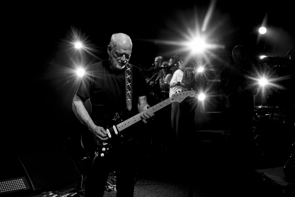 A black and white still from the David Gilmour concert film.
