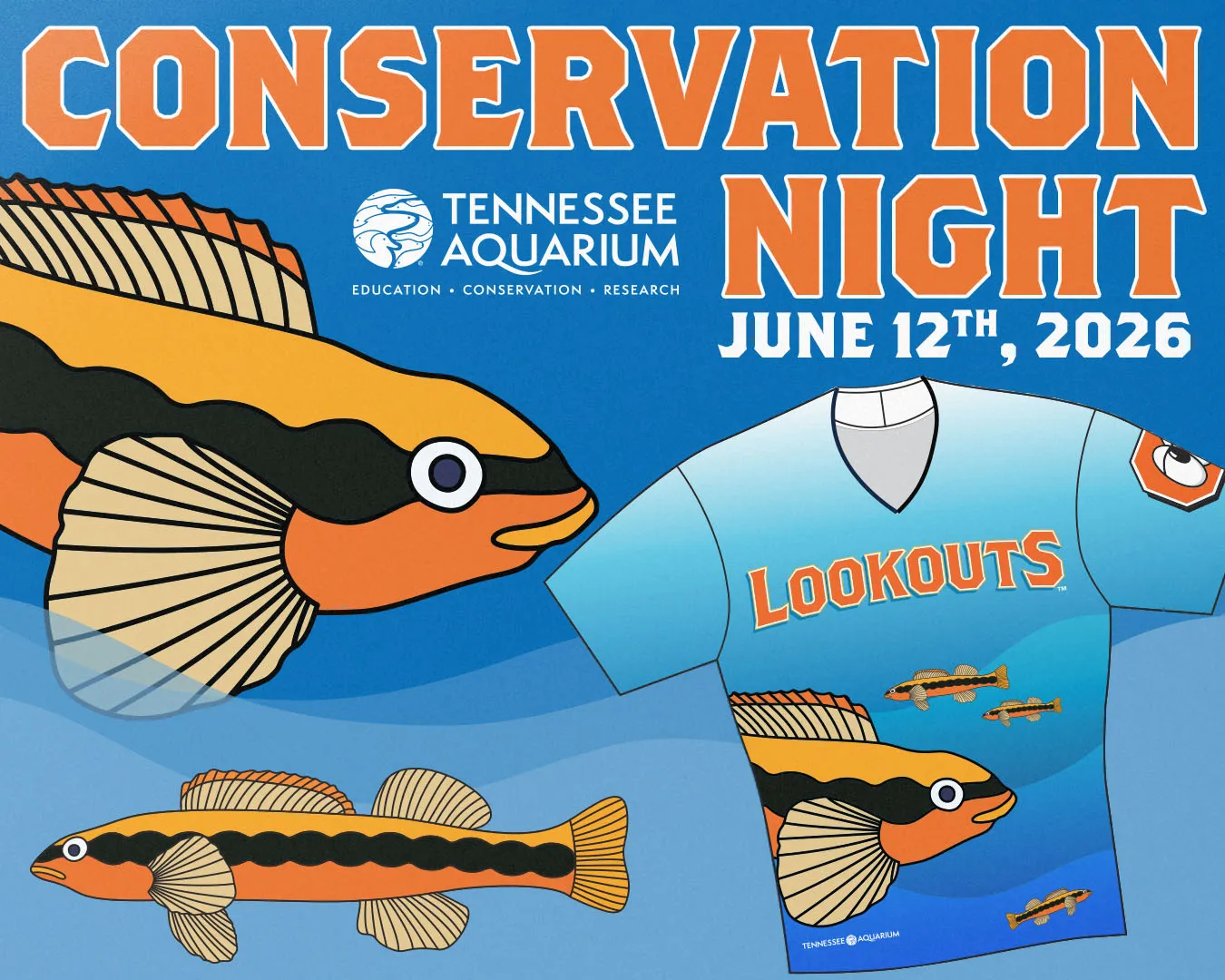 Promotional graphic for Chattanooga Lookouts Conservation Night on June 12, 2026, presented by the Tennessee Aquarium