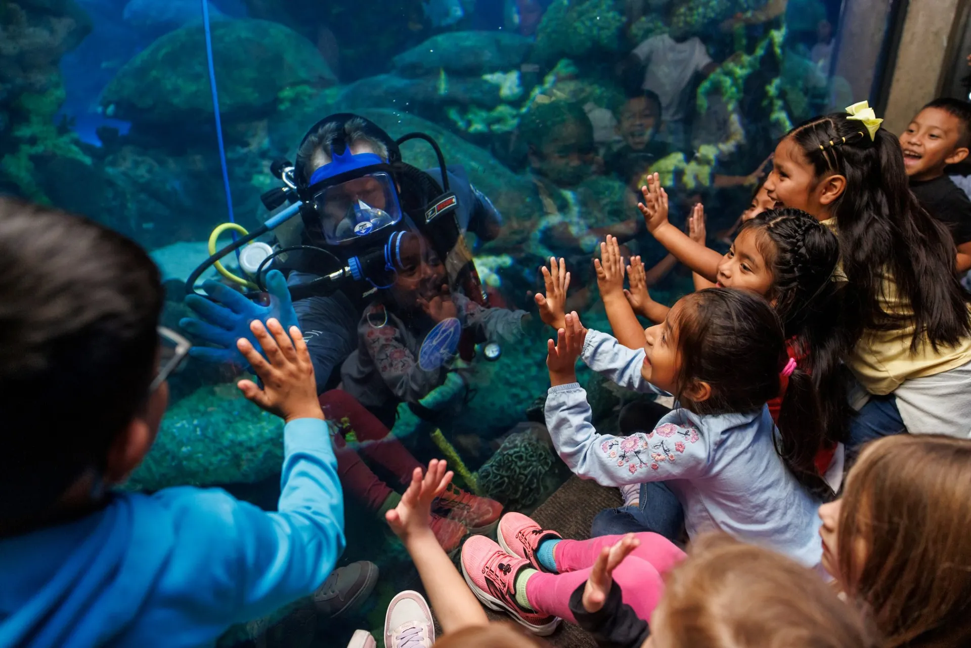 kids gathered around a diver in a tank