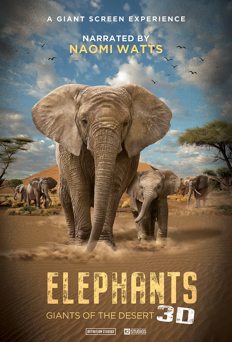 Elephants: Giants of the Desert 3D film poster with adult and juvenile elephant pictured in a desert landscape