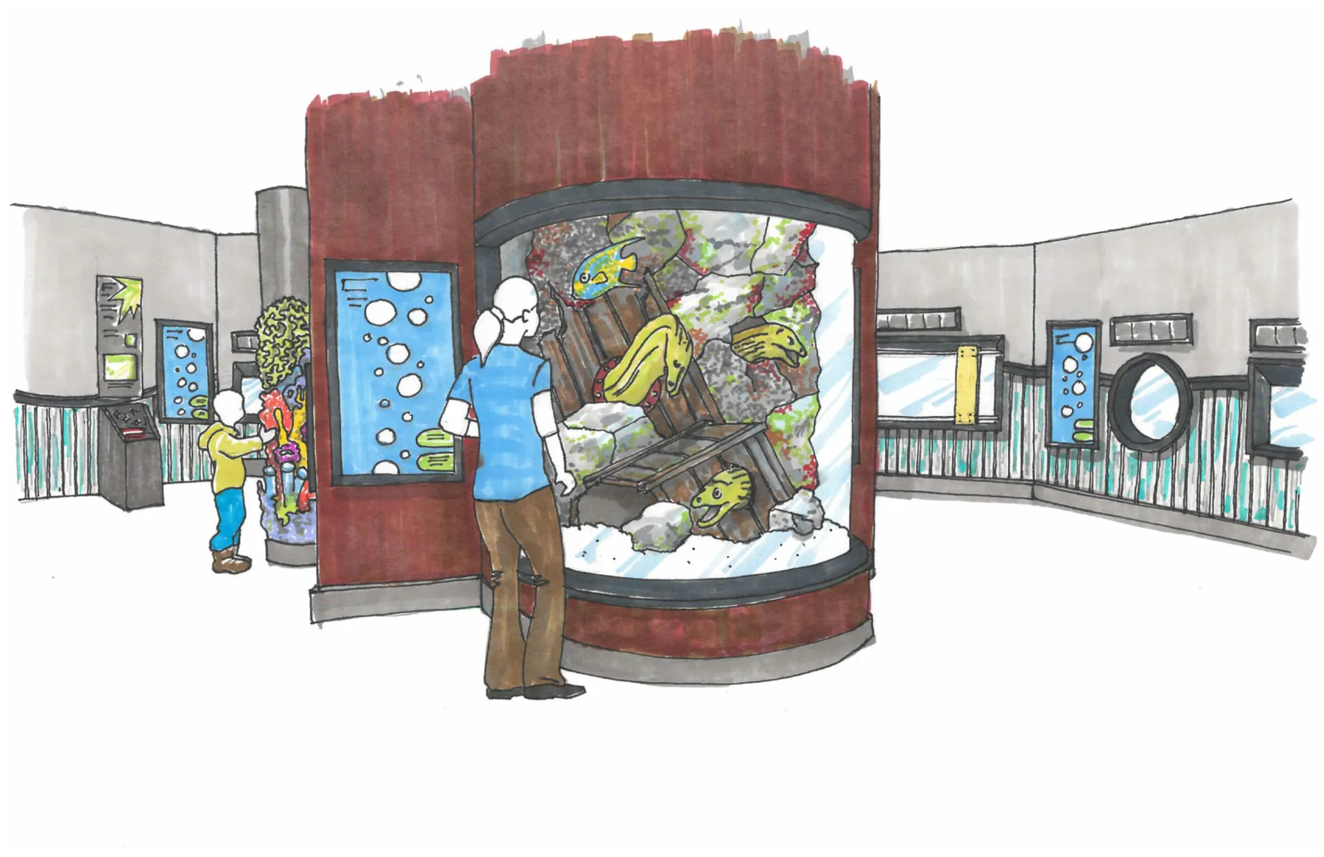 Sketch design of the Scuttlebutt Reef gallery at the TN Aquarium, opening spring 2026