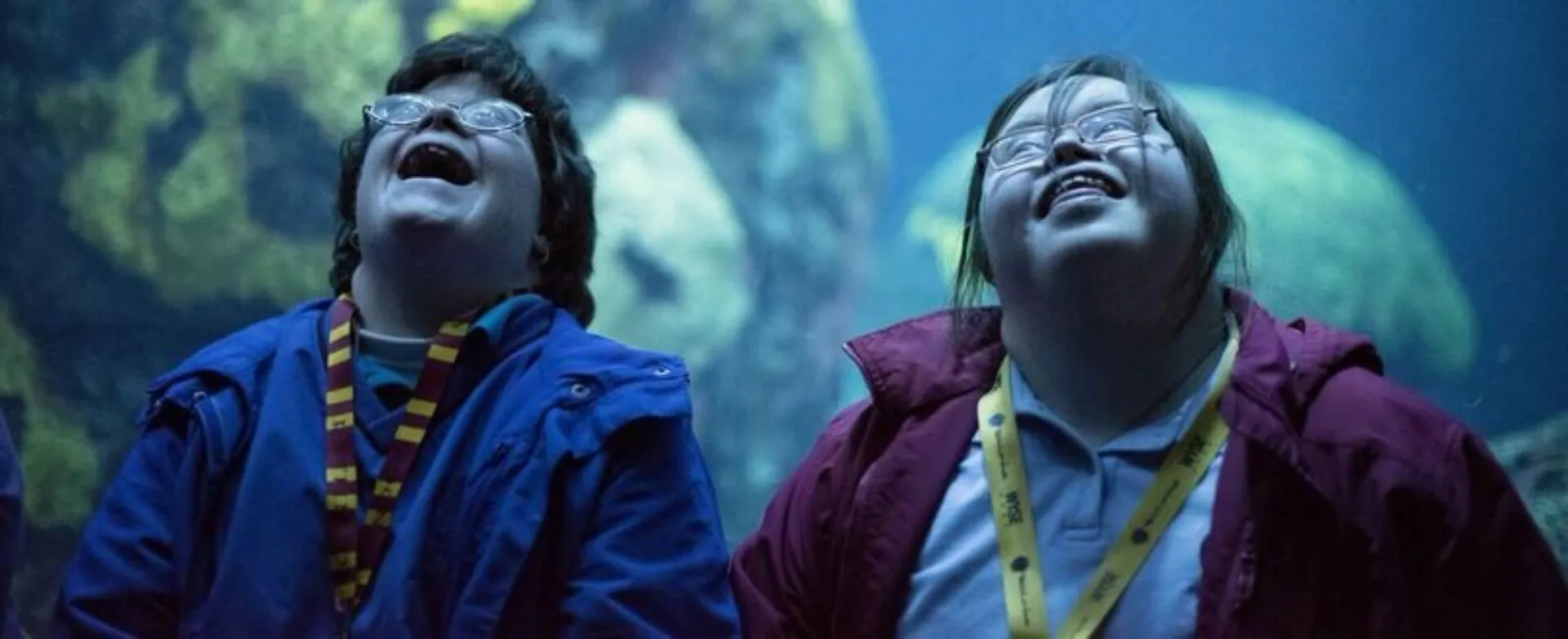 Photo of two people looking up at fish tank