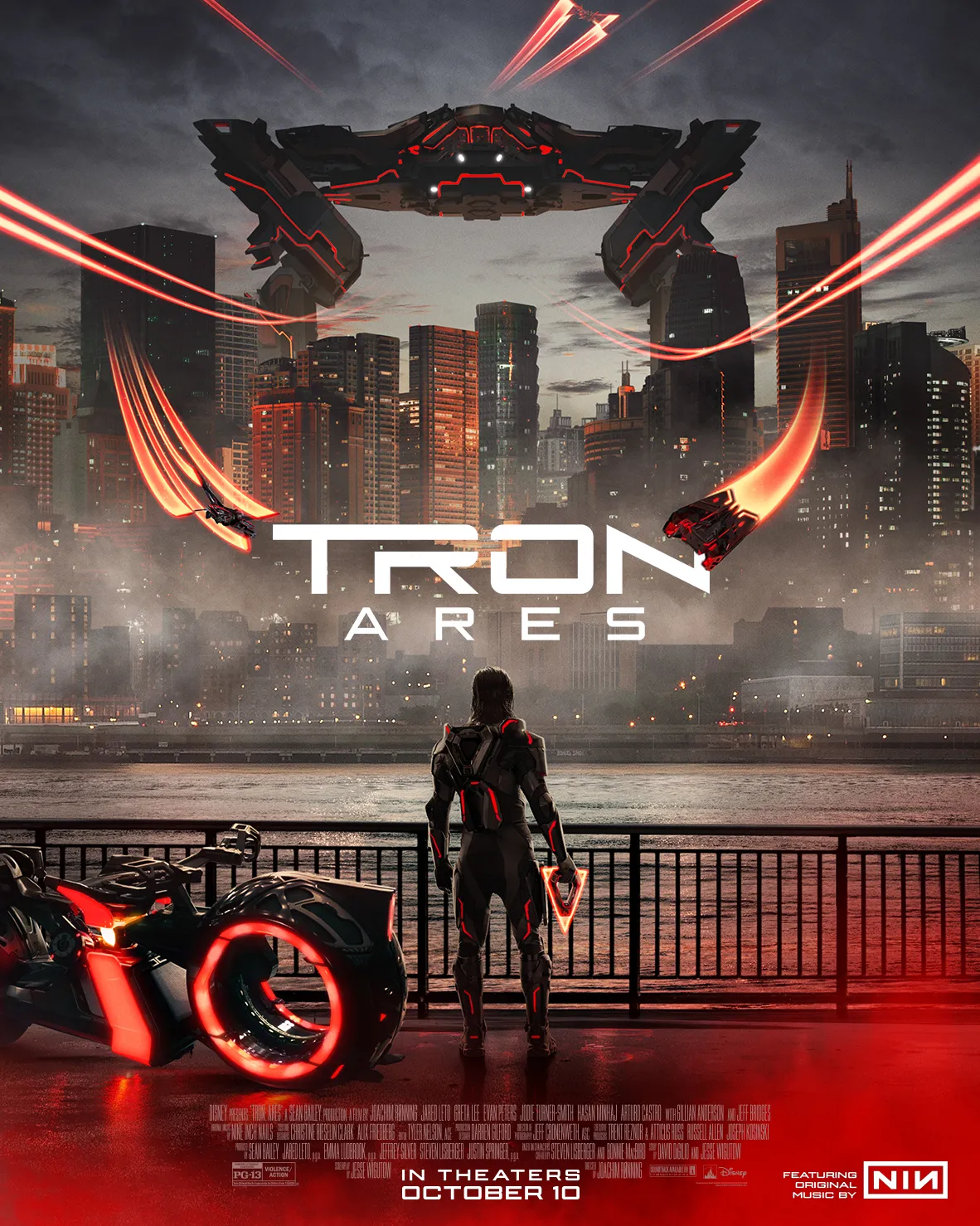 Movie poster from Tron Ares with red lights and futuristic character and city background in view