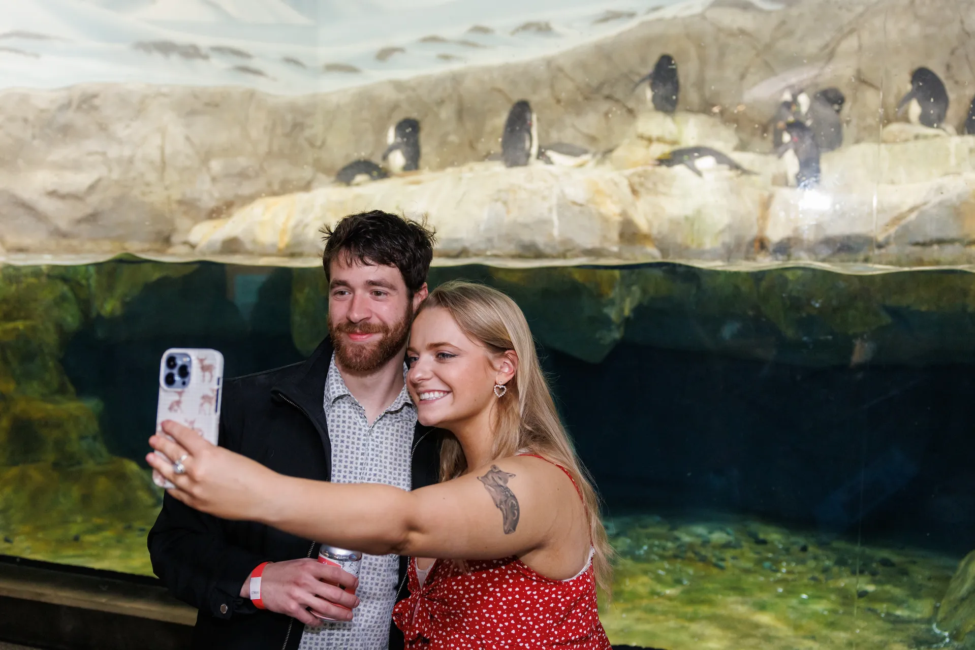 Two guests in front of the Penguins' Rock exhibit at the Tennessee Aquarium, taking a 