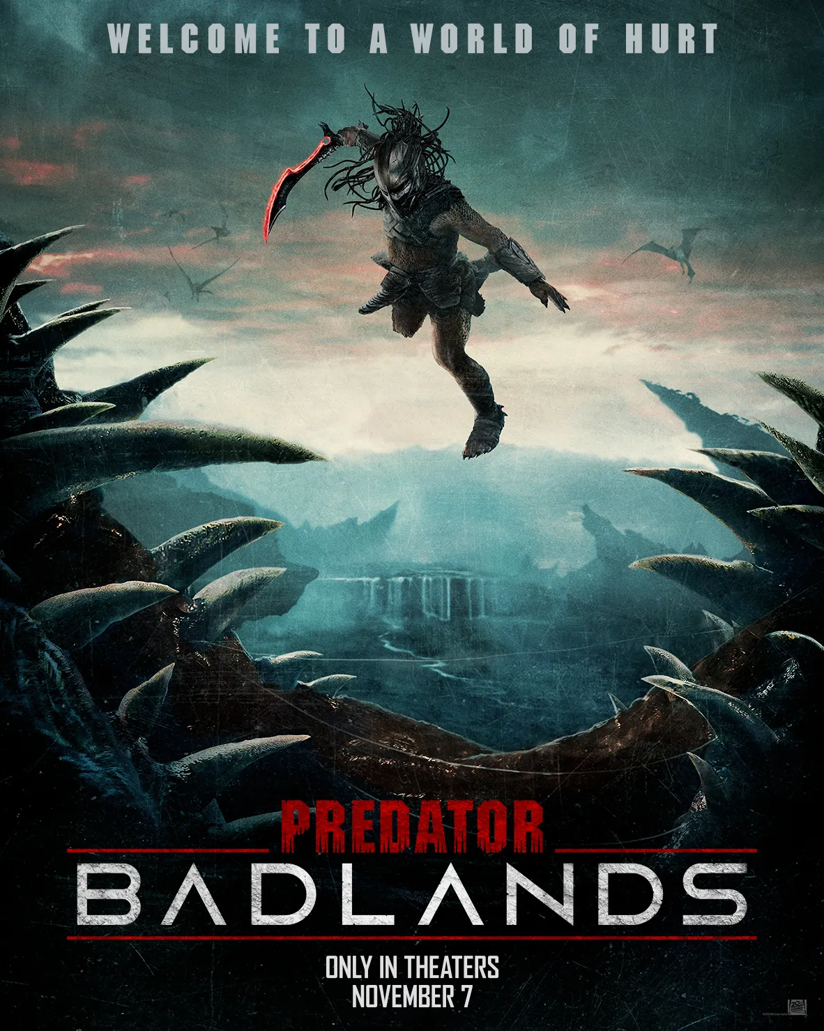 Predator: Badlands ominous movie poster with character leaping into a large sharp-toothed mouth of a monster