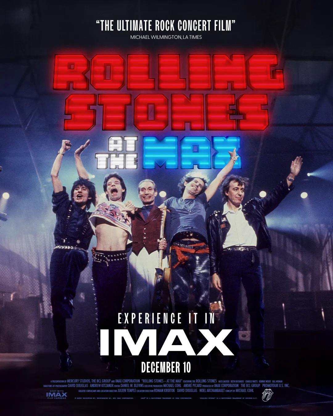 Rolling Stones members on a concert stage - movie poster for Rolling Stone - At the Max coming to IMAX in December 2025
