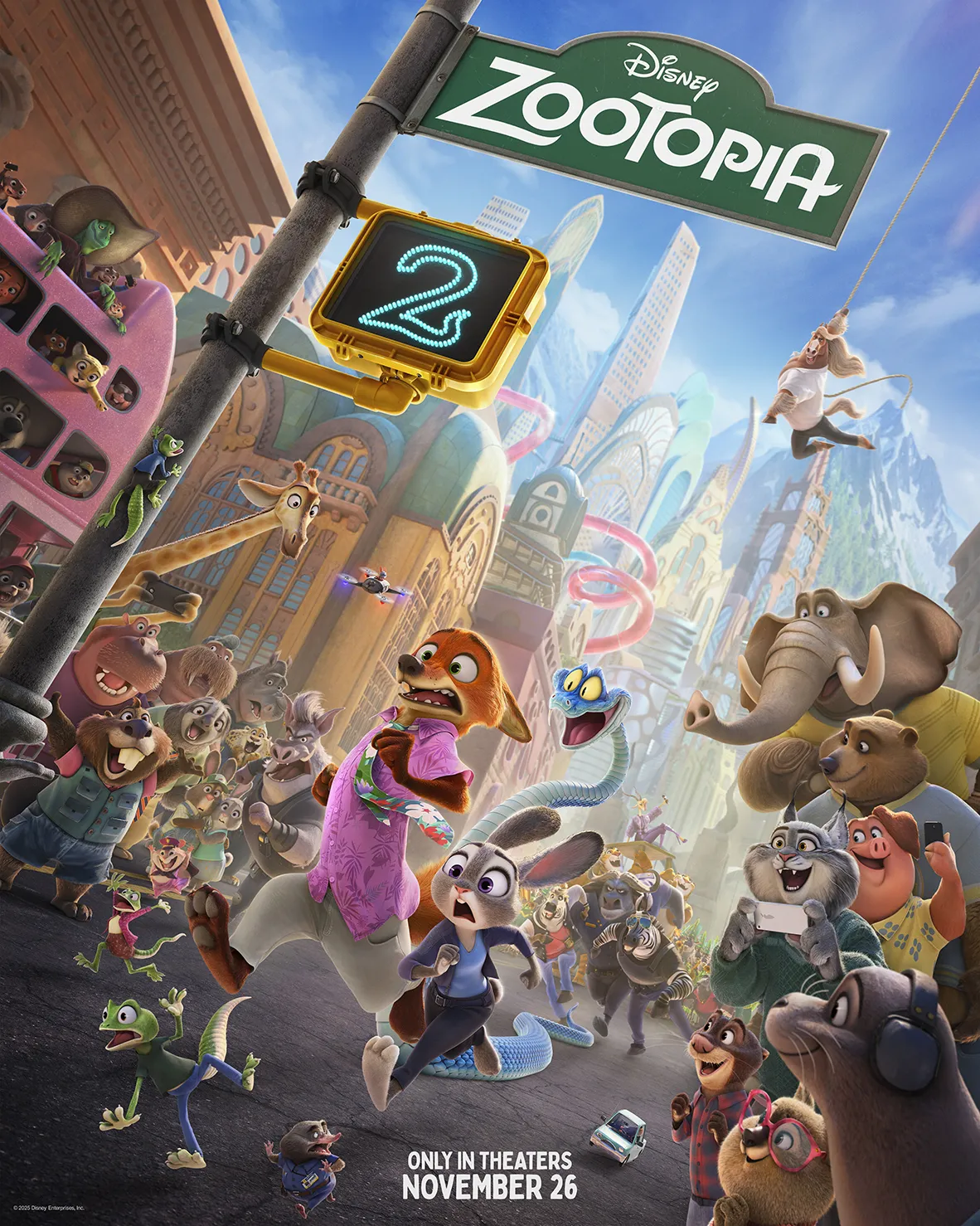 Zootopia 2 movie poster with the main characters running through a crowd and city skyscrapers and mountains in the background