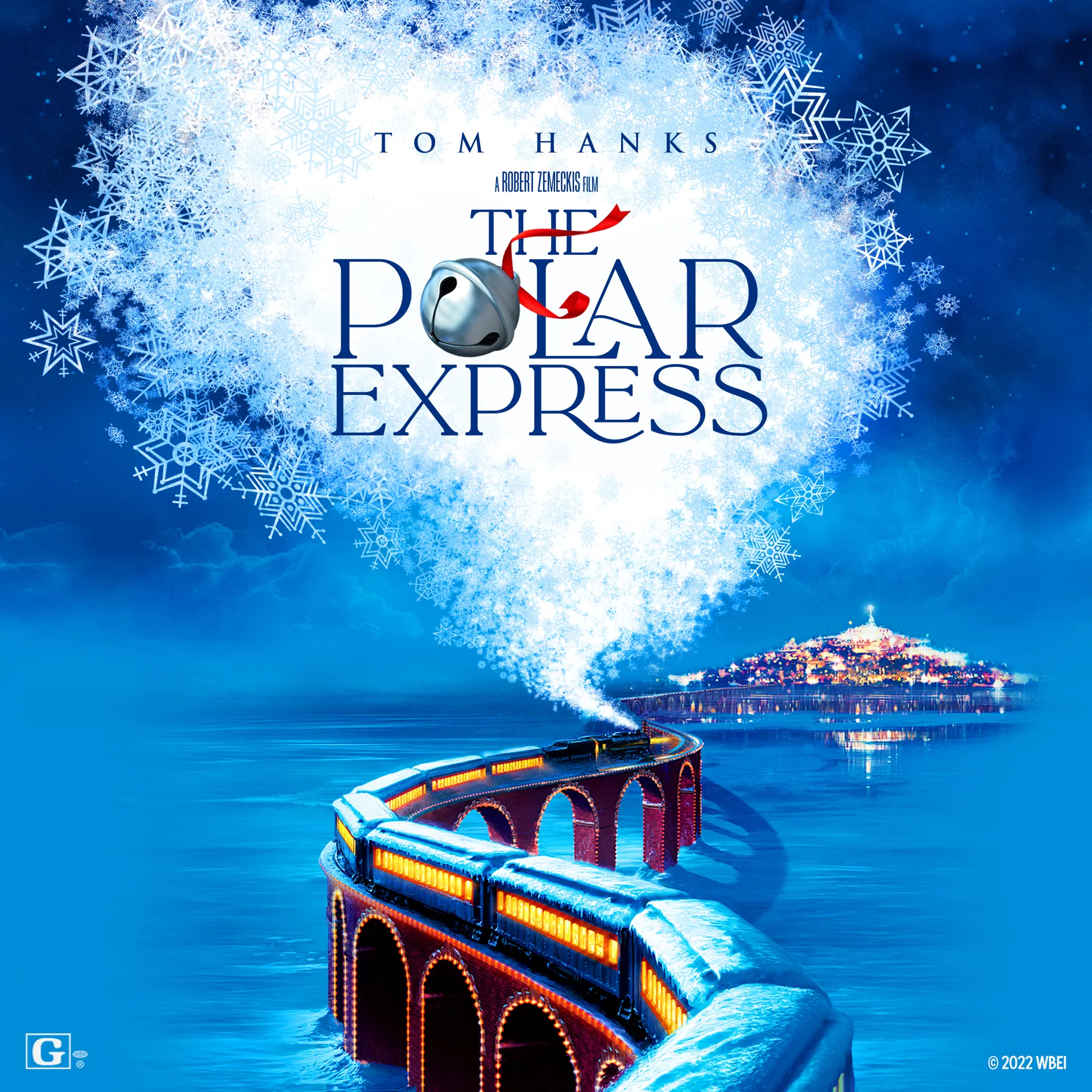 Movie graphic for Polar Express with the iconic train in the foreground on a bridge over a lake with the town lit up in the background