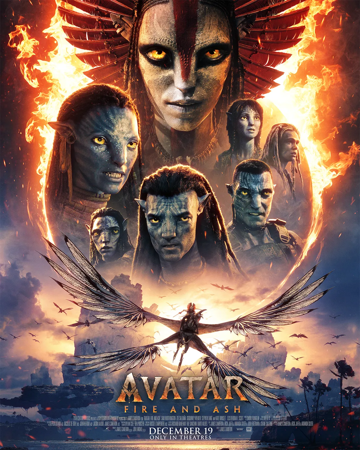 Movie poster with dramatic collage of characters surrounded by fire from Avatar: Fire & Ash, coming to theaters December 2025.