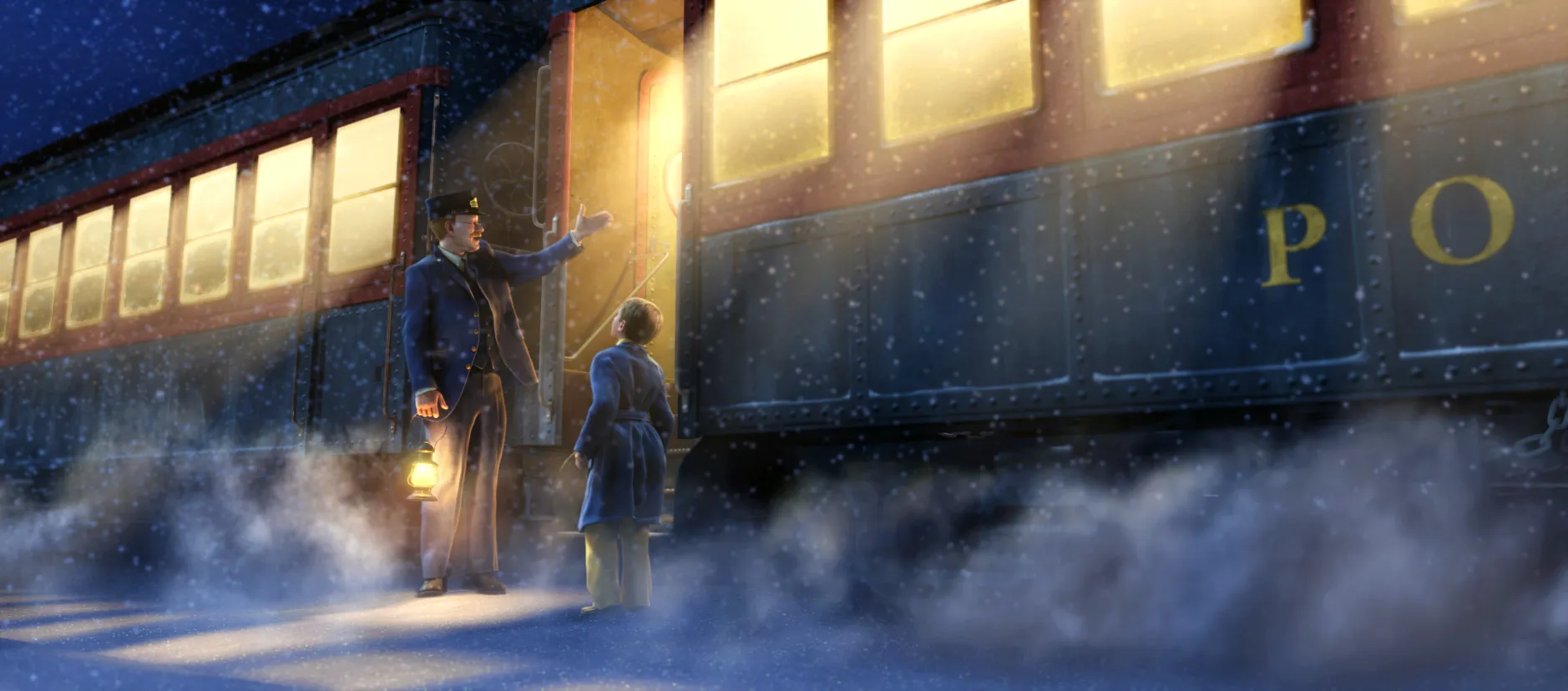 Still from the Polar Express 3D movie with the iconic train lit up on a snowy night and the conductor talking to the main character