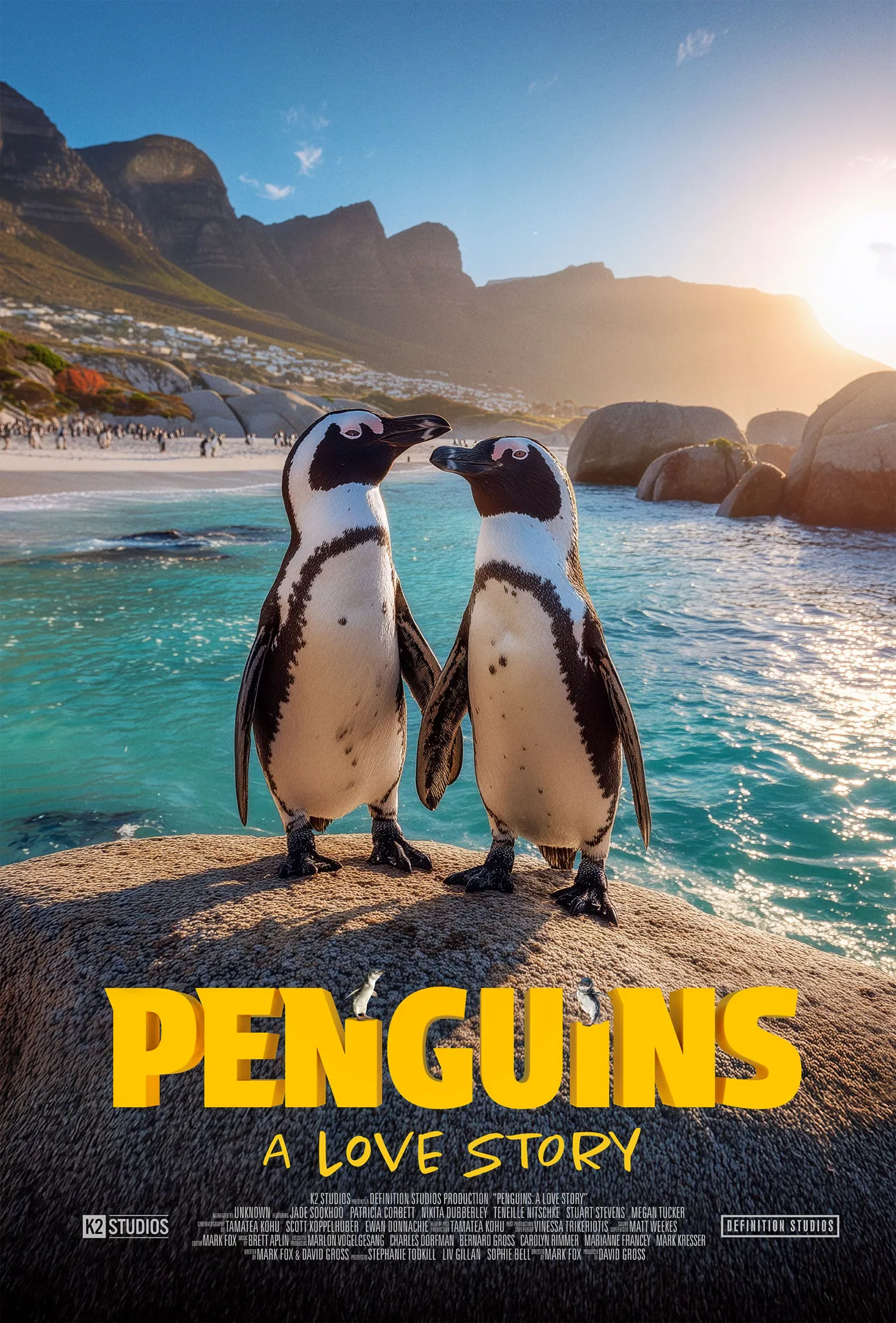 Two African penguins on a rock with water and mountains in the background, promotional graphic for Penguins: a Love Story film in 3D