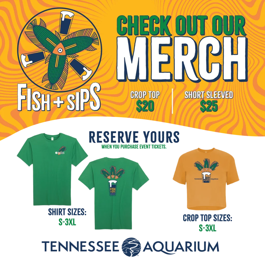 Fish + Sips event merch with regular t-shirt and crop top t-shirt