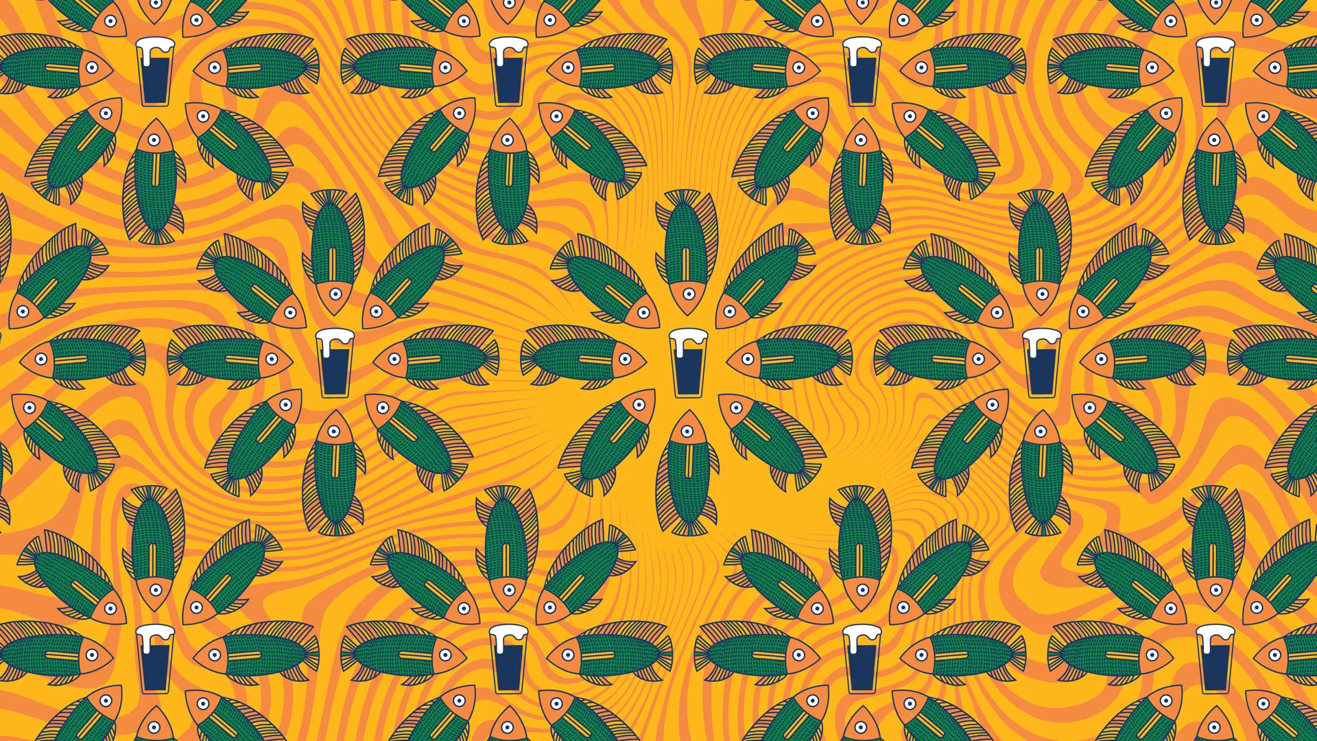 fish & sips 2026 event design with repeating pattern of a circle of illustrated fish around an illustrated beverage