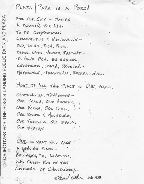 Note written by Stroud Watson about how he believed everyone should feel comfortable in the city of Chattanooga, and that the citizens of Chattanooga pridefully care for the place they live in