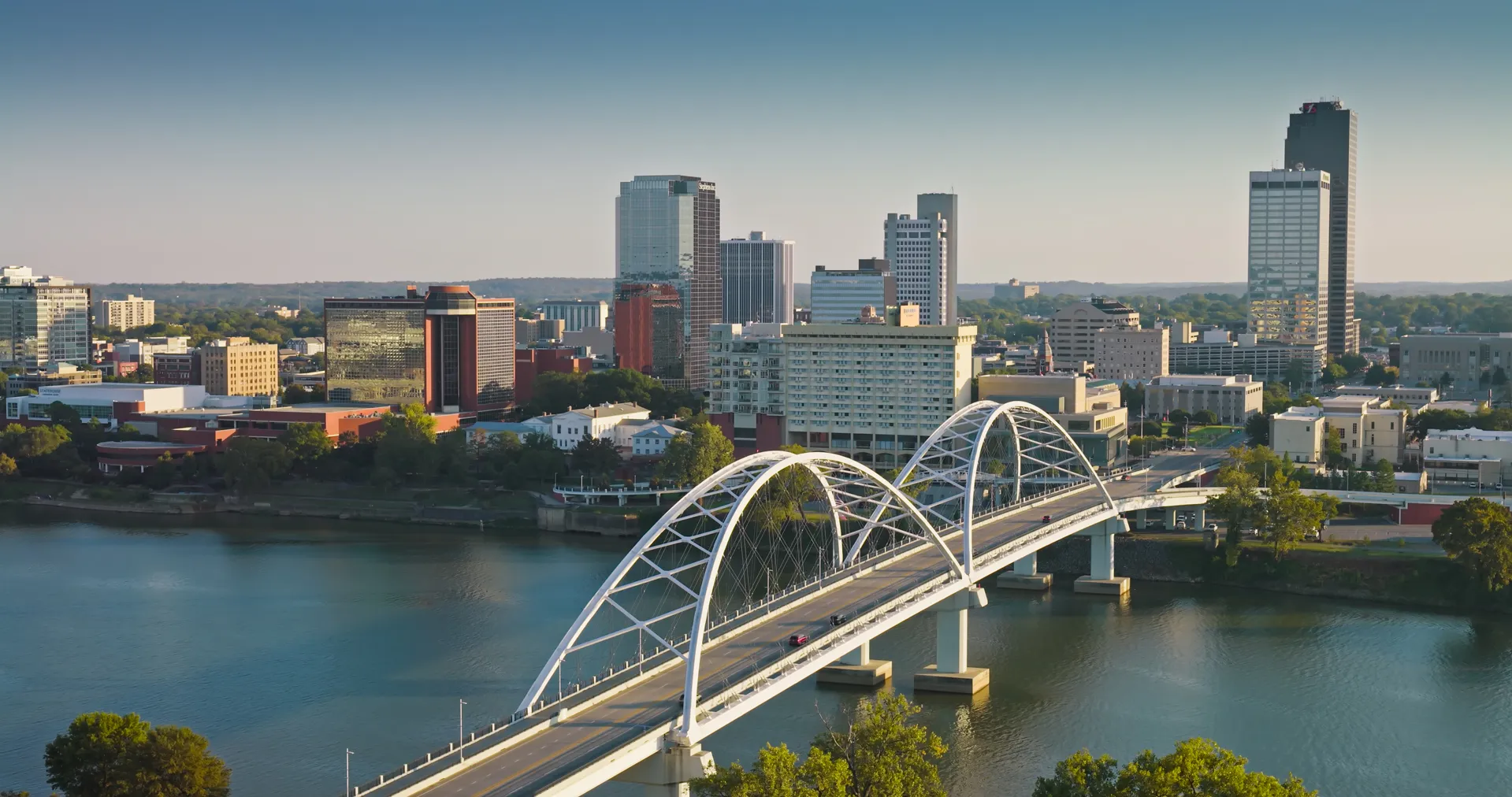 A view of the Arkansas River as it passes through downtown Little Rock, Arkansas.
