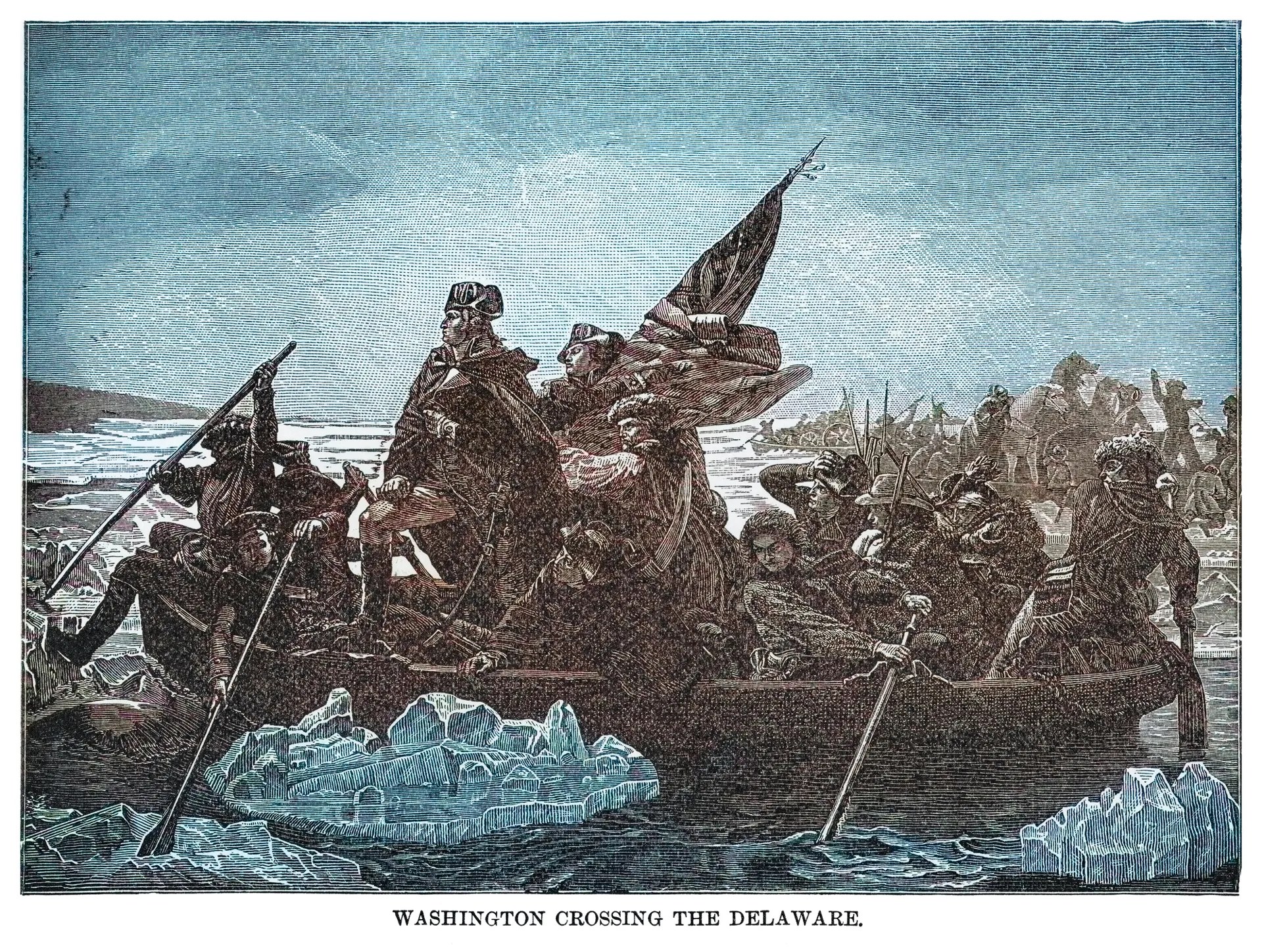 A painting depicts General George Washington standing on the prow of a rowboat during the crossing of the Delaware River during the Revolutionary War.
