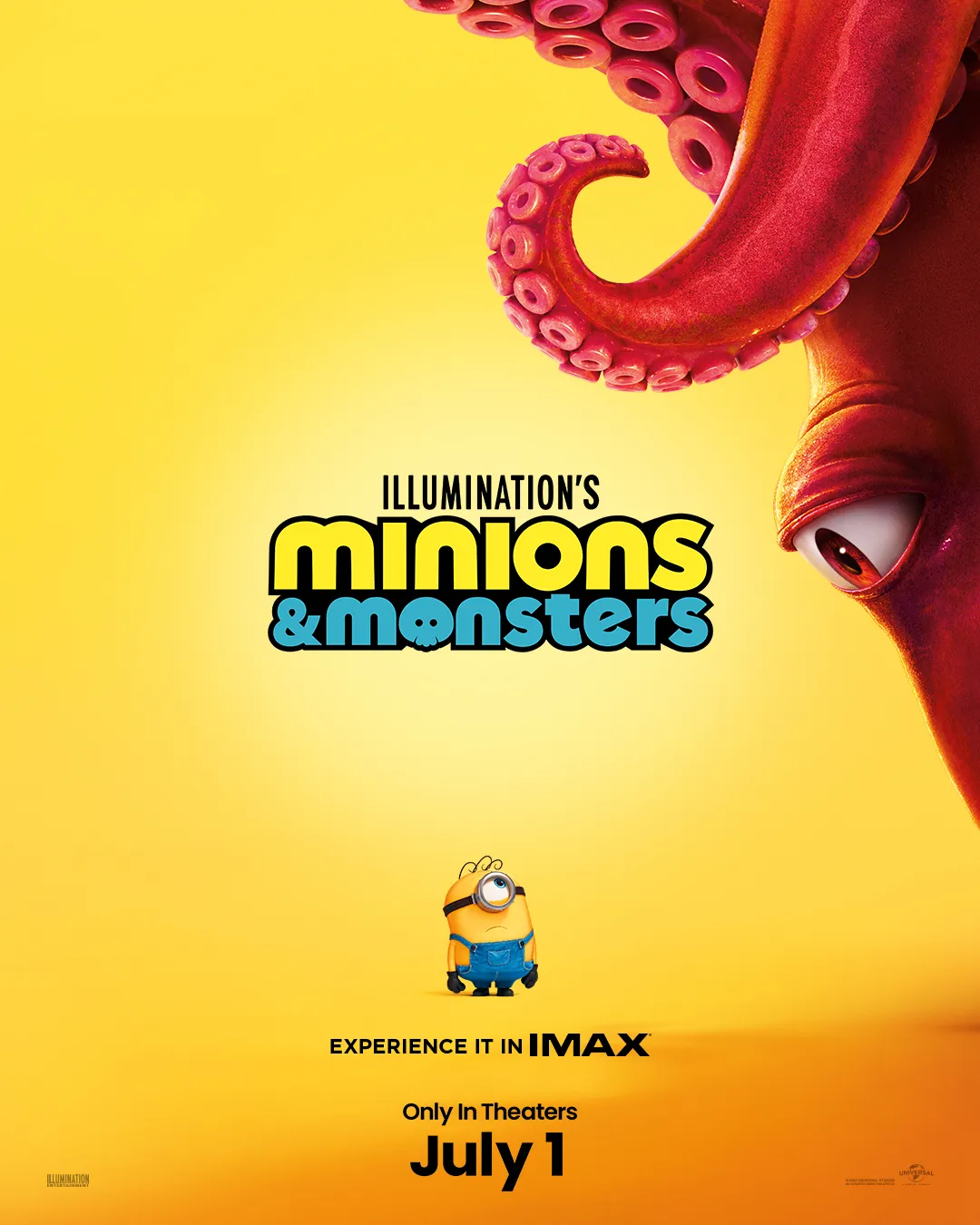 Movie poster for MINIONS & MONSTERS movie coming to IMAX theaters in July 2026