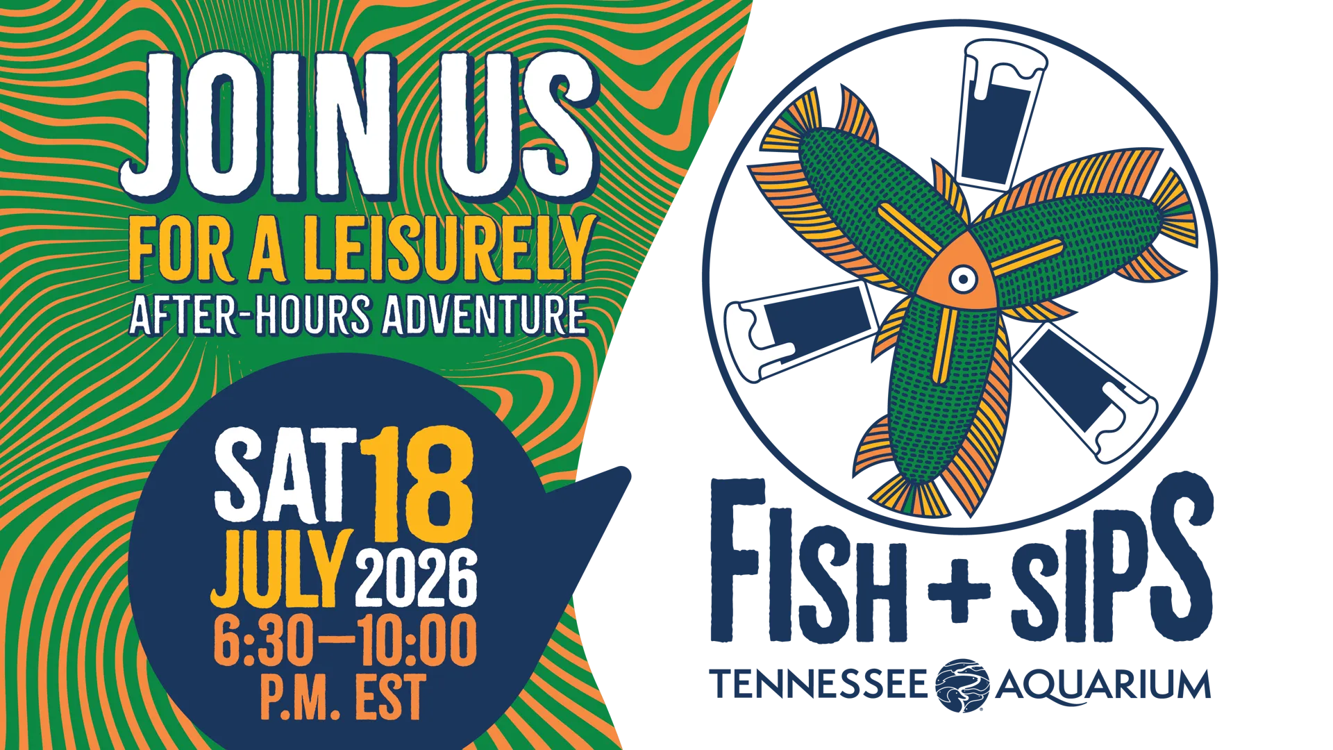 Fish & Sips logo on a yellow and green wavy background