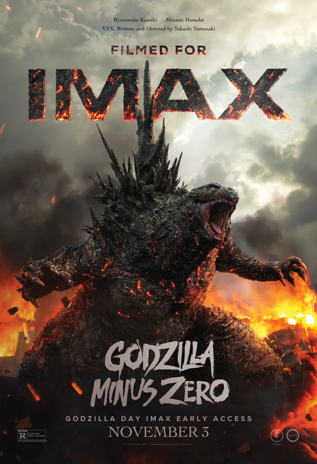 Image of Godzilla standing over a ruined city roaring. The text reads 