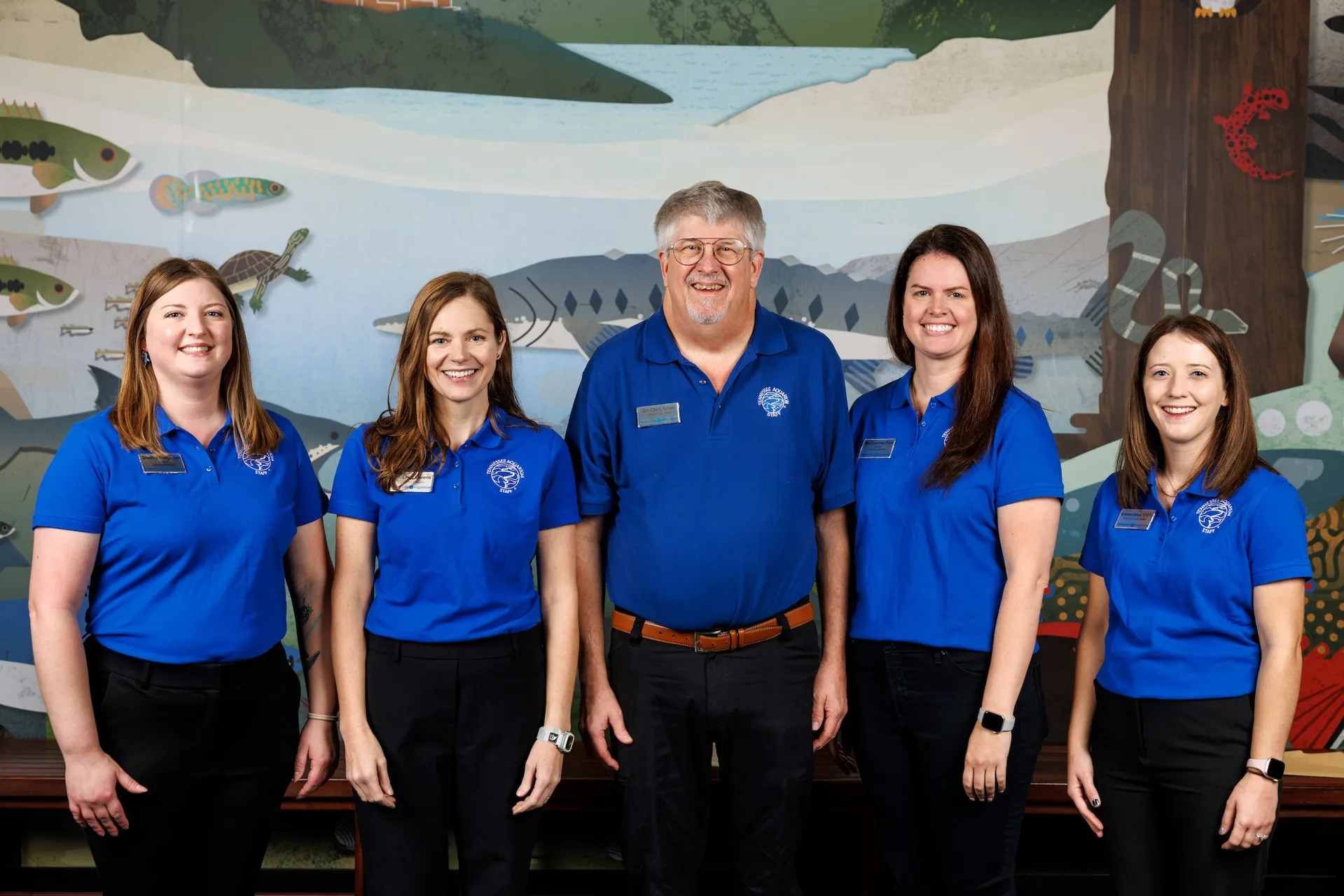 The Tennessee Aquarium animal health team includes (from left) Veterinary Assistant Shelby Ferguson, Conservation Veterinarian Dr. Leah Owens, Director of Animal Health Dr. Chris Keller, Collections Veterinarian Dr. Courtney Pace and Hospital Manager Kristen Hales. 