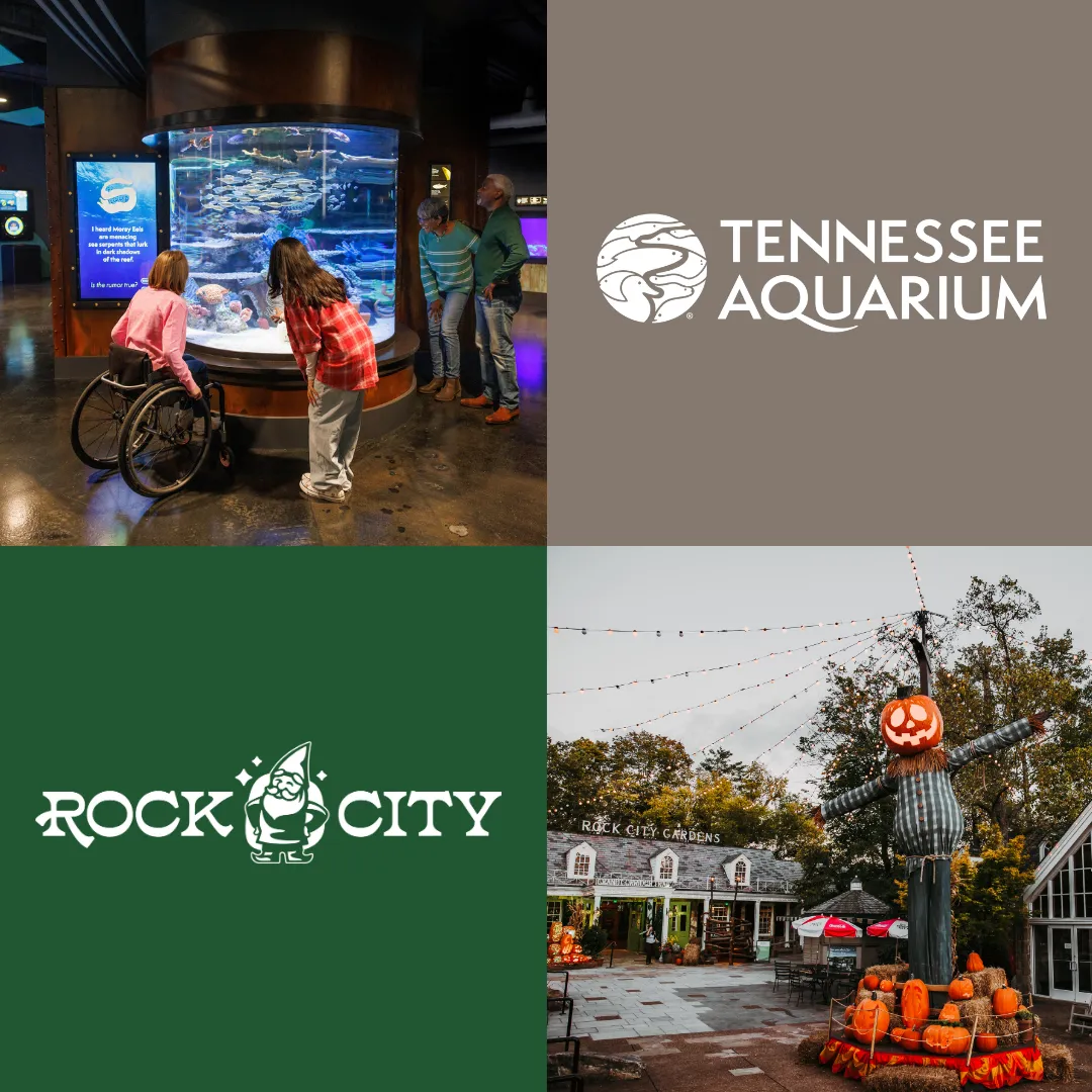 Promotional graphic for Aquarium x Rock City combo ticket with a photo of guests enjoying the Scuttlebutt Reef gallery at the TN Aquarium in the top left and a photo of fall/Halloween decorations at Rock City in the bottom right