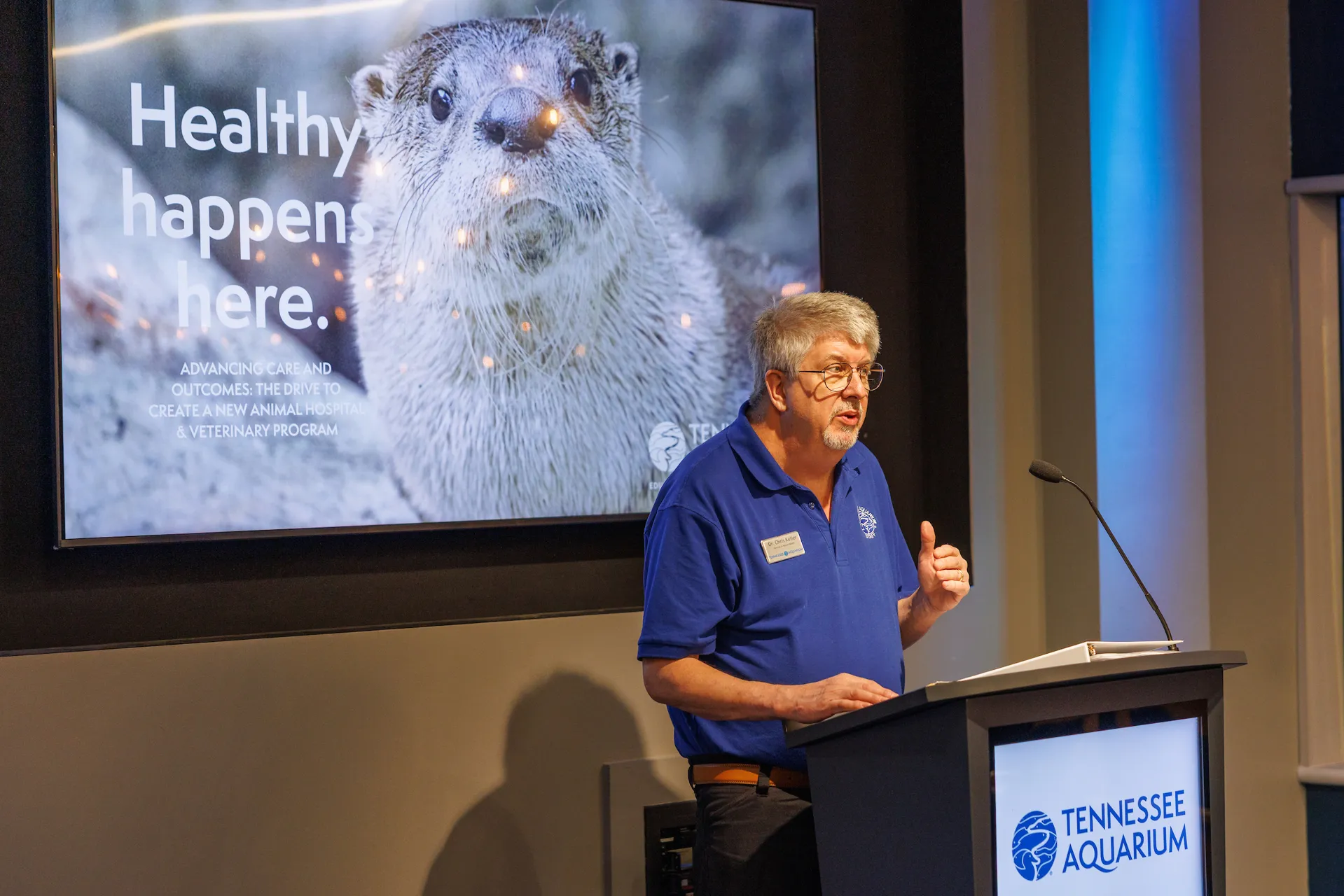 Director of Animal Health Dr. Chris Keller speaks at the announcement of an expanded veterinary health program at the Tennessee Aquarium on Tuesday, Oct. 27, 2026, in Chattanooga, Tenn.