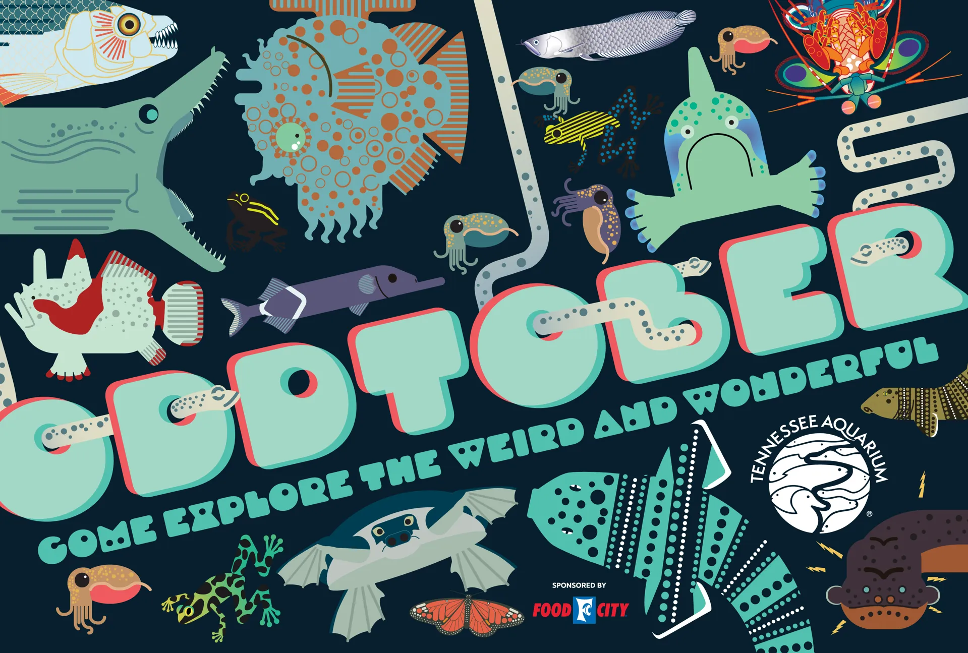 ODDtober promotional graphic with the TN Aquarium's weird and wonderful animals illustrated